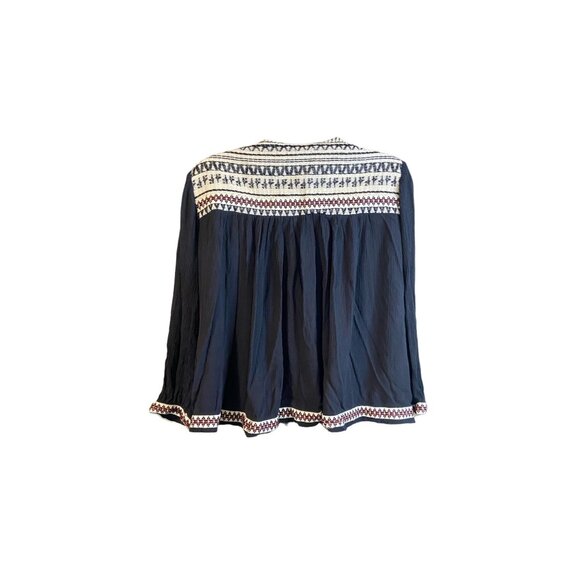 H&M Womens 12 Black Aztec Cardigan Top Open Tie Front Tassels Crepe BOHO - Picture 3 of 7